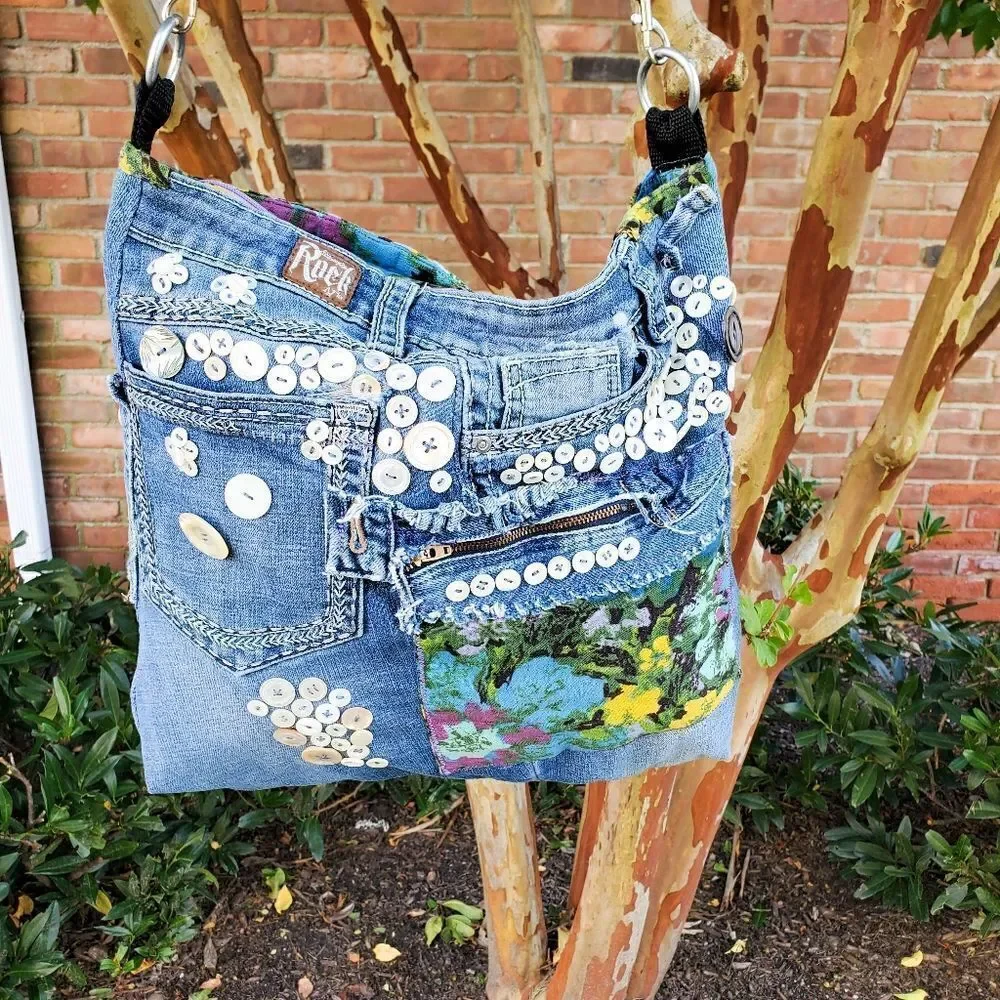 Handmade Recycled Denim Button Detail Gypsy Boho Crossbody Bag.